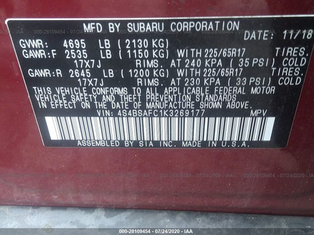 Photo 8 VIN: 4S4BSAFC1K3269177 - SUBARU OUTBACK 