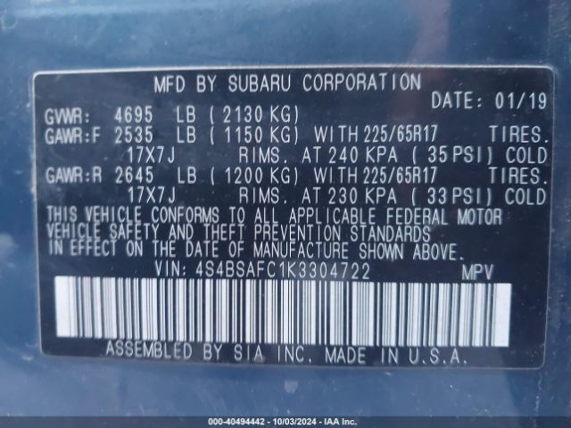 Photo 8 VIN: 4S4BSAFC1K3304722 - SUBARU OUTBACK 