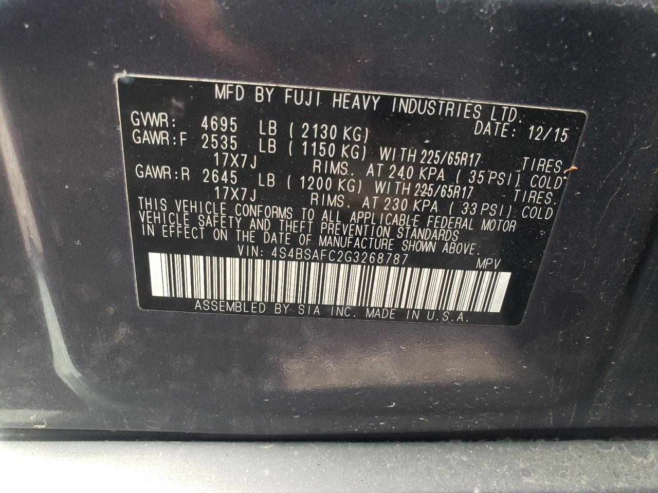 Photo 11 VIN: 4S4BSAFC2G3268787 - SUBARU OUTBACK 