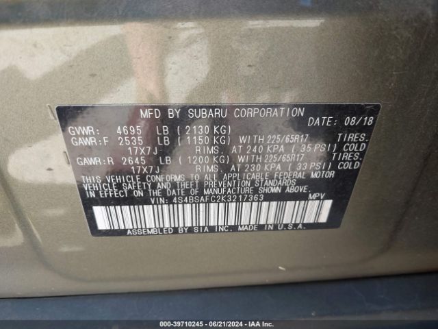 Photo 8 VIN: 4S4BSAFC2K3217363 - SUBARU OUTBACK 