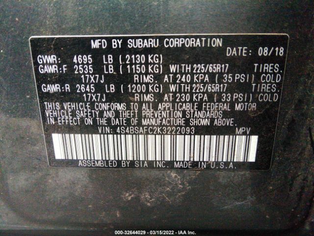 Photo 8 VIN: 4S4BSAFC2K3222093 - SUBARU OUTBACK 