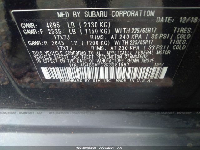 Photo 8 VIN: 4S4BSAFC2K3281581 - SUBARU OUTBACK 