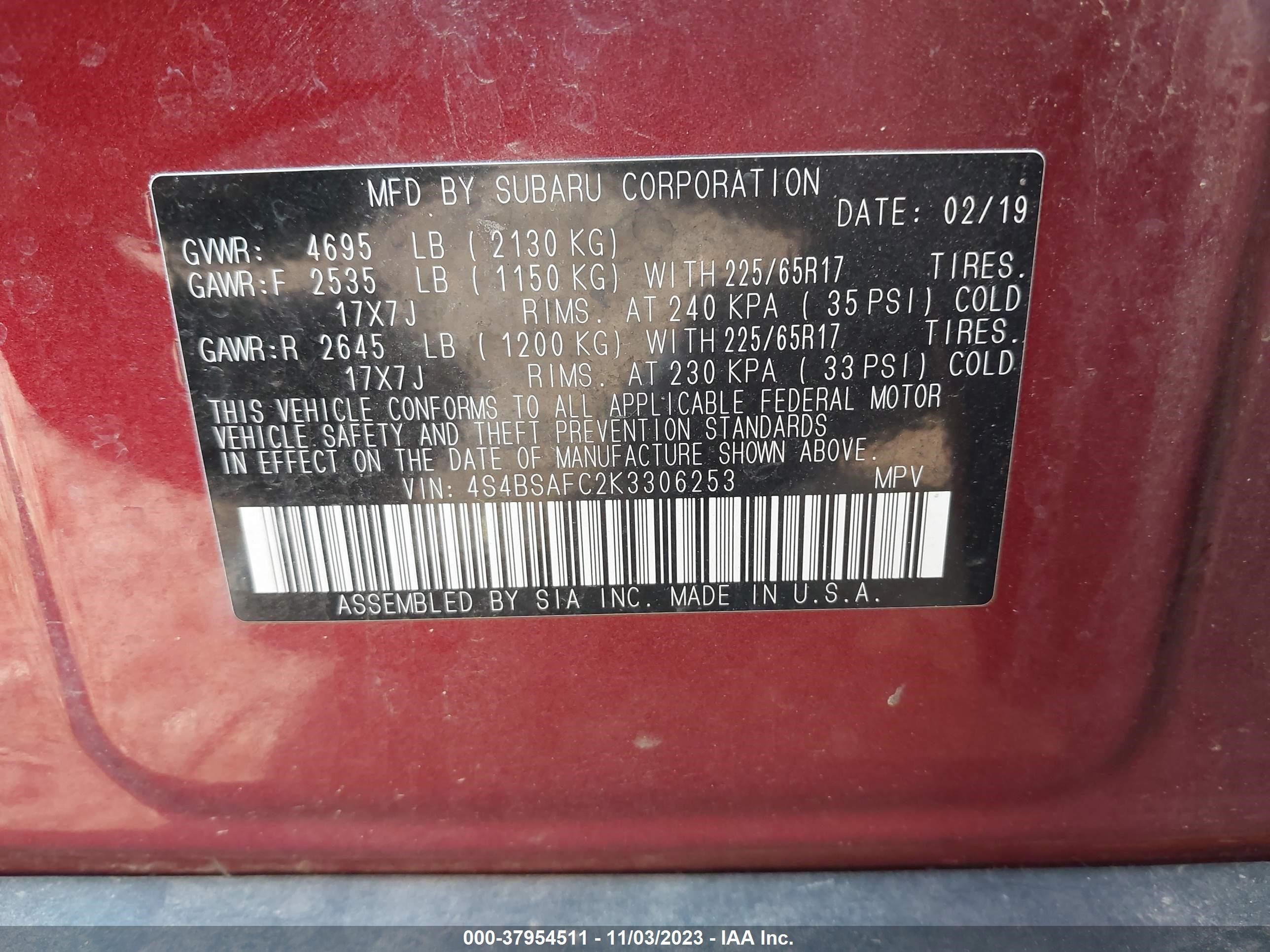 Photo 8 VIN: 4S4BSAFC2K3306253 - SUBARU OUTBACK 