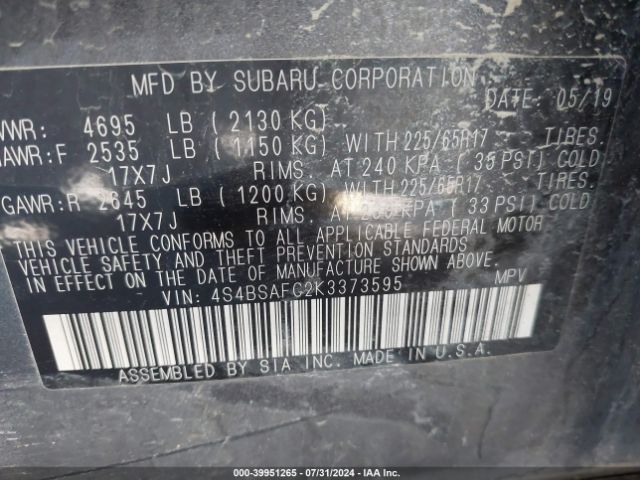 Photo 8 VIN: 4S4BSAFC2K3373595 - SUBARU OUTBACK 