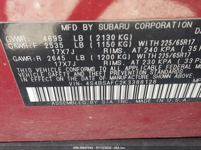 Photo 8 VIN: 4S4BSAFC2K3388128 - SUBARU OUTBACK 