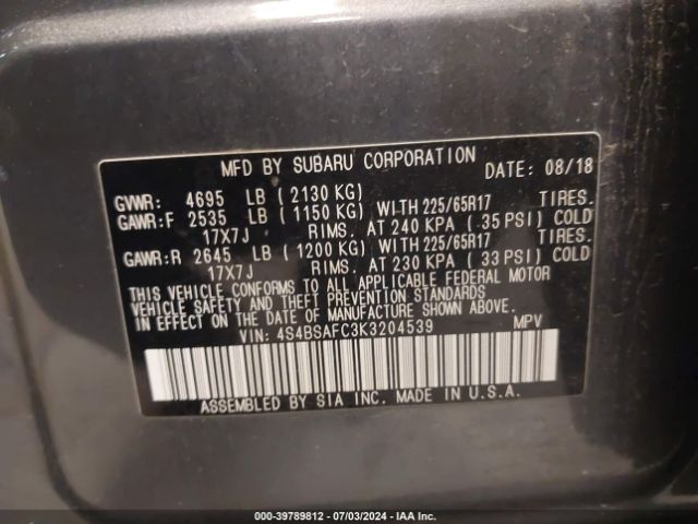 Photo 8 VIN: 4S4BSAFC3K3204539 - SUBARU OUTBACK 