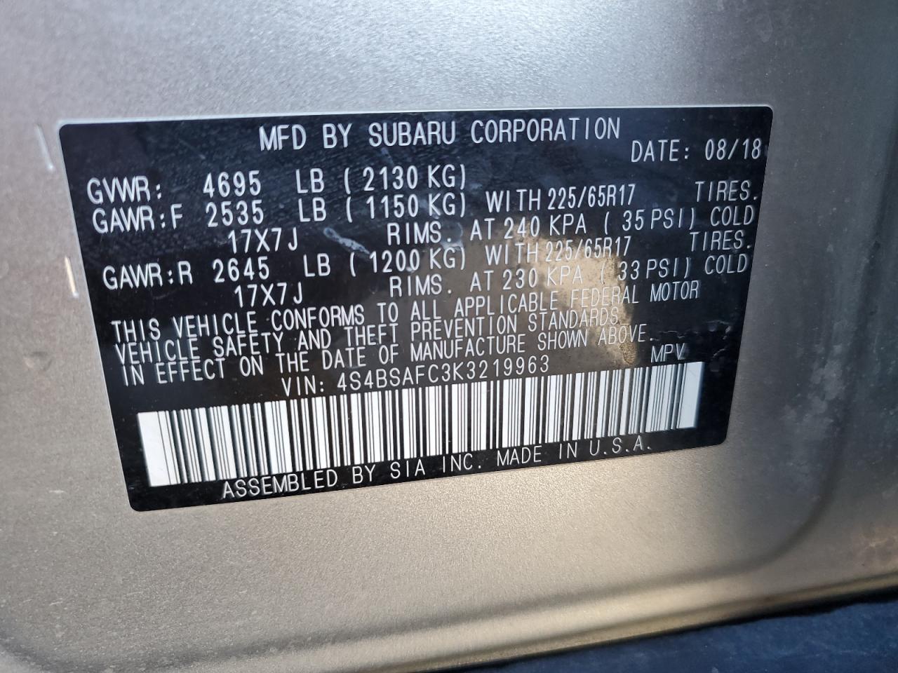 Photo 12 VIN: 4S4BSAFC3K3219963 - SUBARU OUTBACK 