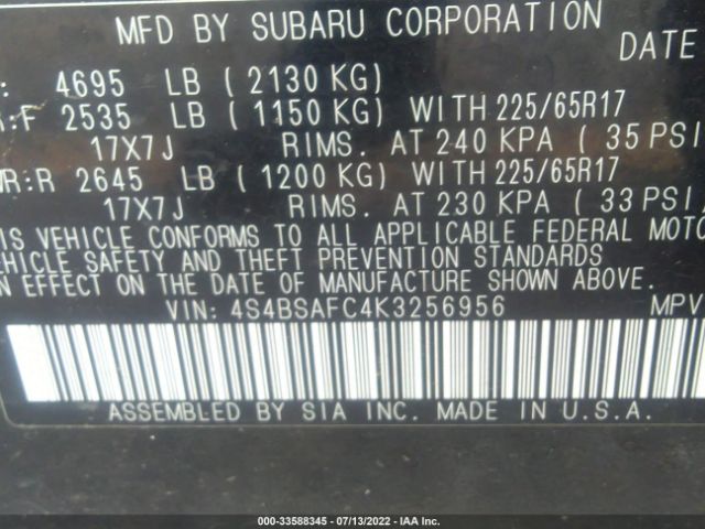 Photo 8 VIN: 4S4BSAFC4K3256956 - SUBARU OUTBACK 