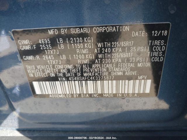 Photo 8 VIN: 4S4BSAFC4K3275877 - SUBARU OUTBACK 