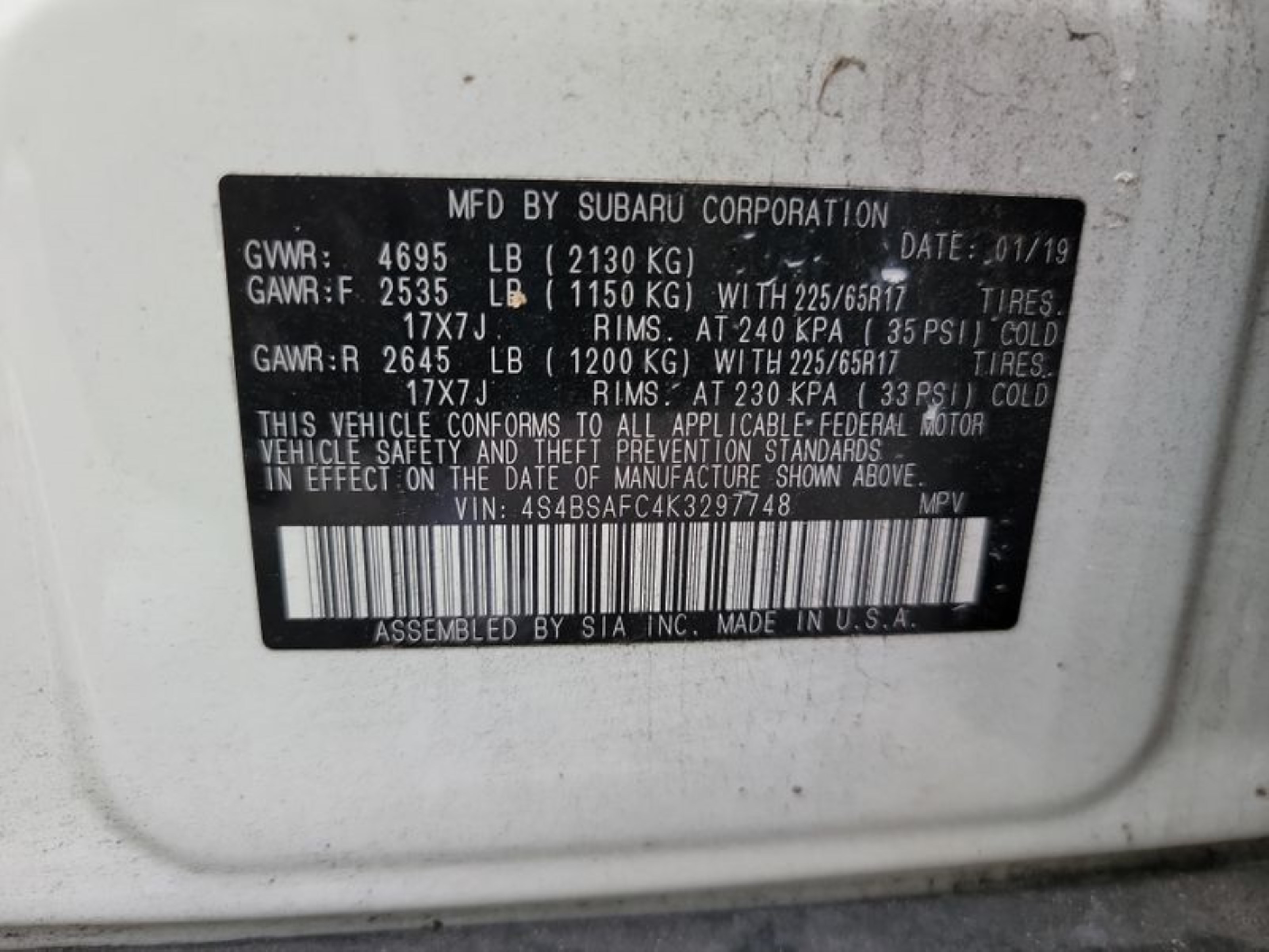 Photo 1 VIN: 4S4BSAFC4K3297748 - SUBARU OUTBACK 