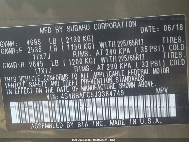 Photo 8 VIN: 4S4BSAFC5J3384749 - SUBARU OUTBACK 