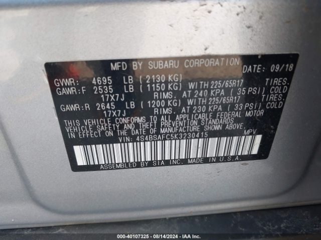 Photo 8 VIN: 4S4BSAFC5K3230415 - SUBARU OUTBACK 