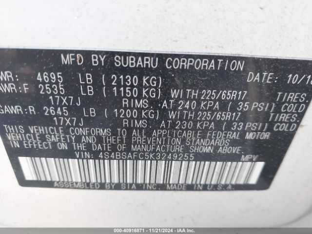 Photo 8 VIN: 4S4BSAFC5K3249255 - SUBARU OUTBACK 