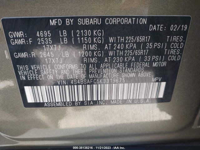 Photo 8 VIN: 4S4BSAFC5K3319675 - SUBARU OUTBACK 