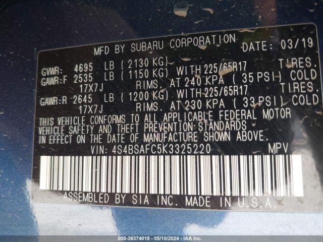 Photo 8 VIN: 4S4BSAFC5K3325220 - SUBARU OUTBACK 