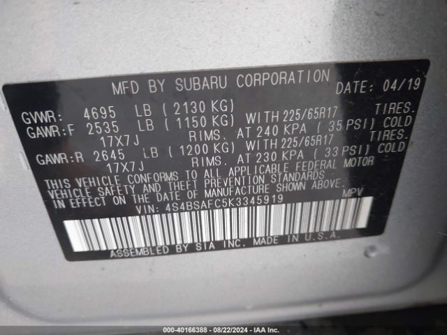 Photo 8 VIN: 4S4BSAFC5K3345919 - SUBARU OUTBACK 