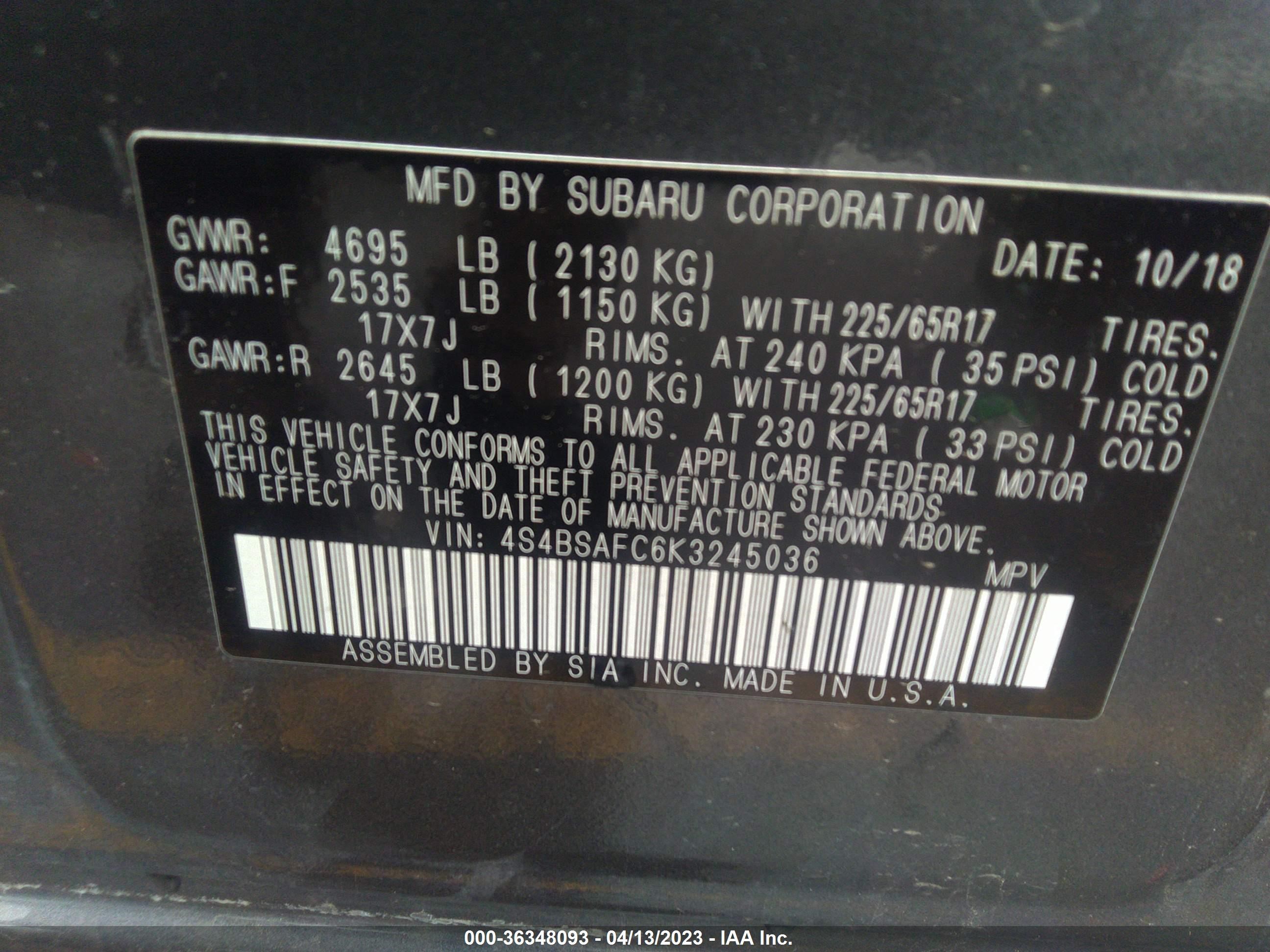 Photo 8 VIN: 4S4BSAFC6K3245036 - SUBARU OUTBACK 