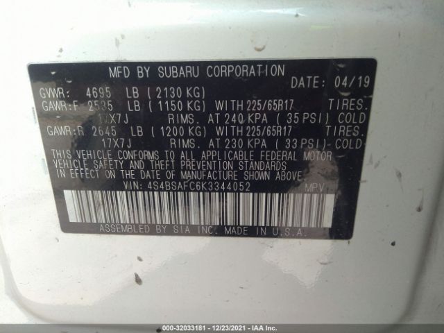 Photo 8 VIN: 4S4BSAFC6K3344052 - SUBARU OUTBACK 