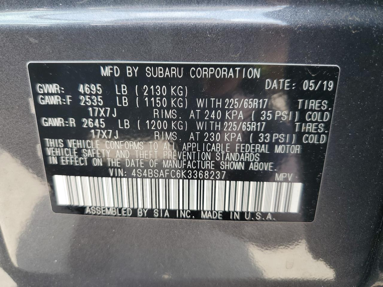 Photo 13 VIN: 4S4BSAFC6K3368237 - SUBARU OUTBACK 