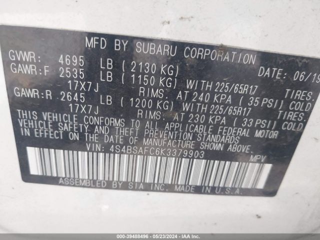 Photo 8 VIN: 4S4BSAFC6K3379903 - SUBARU OUTBACK 