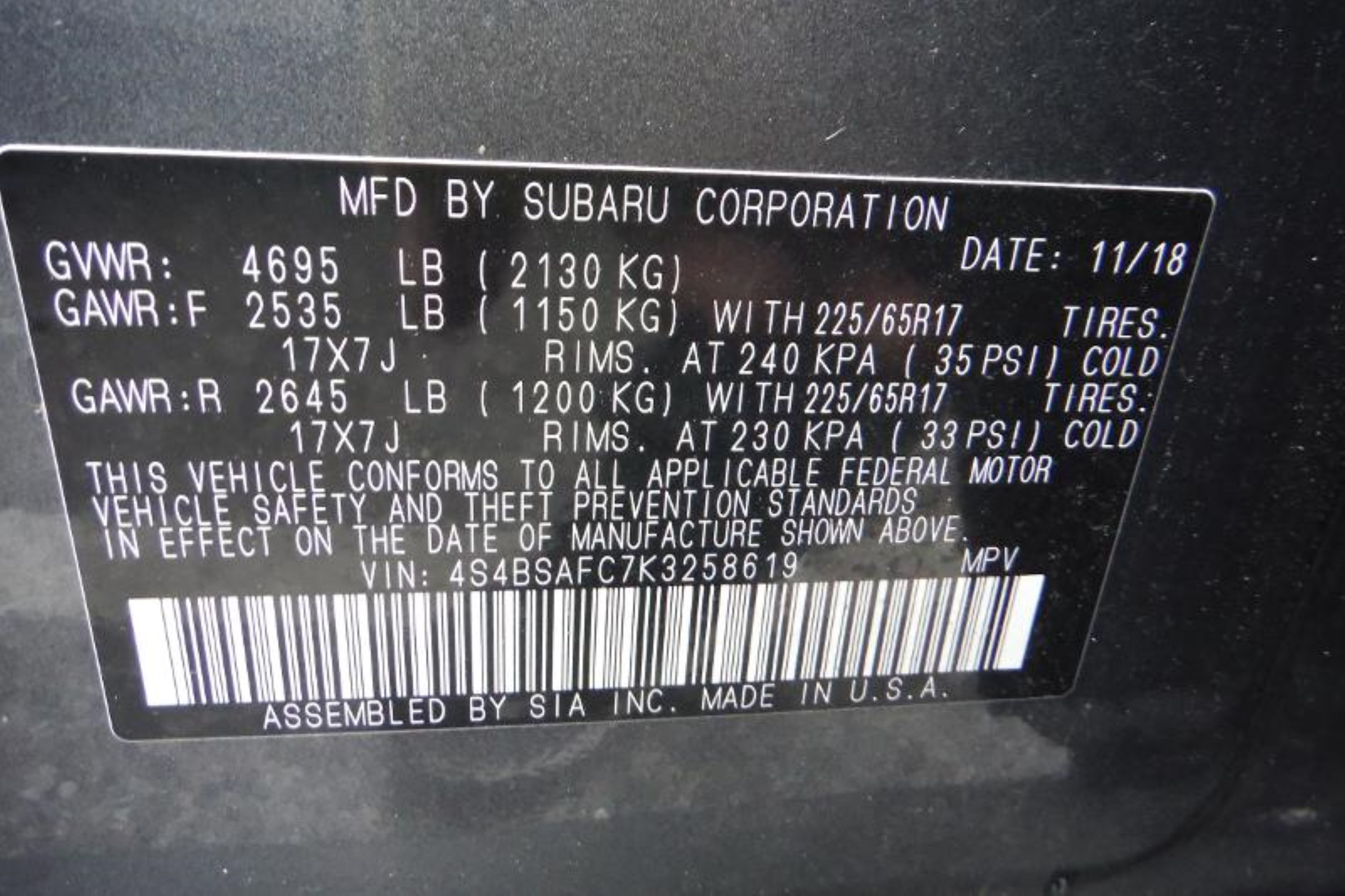 Photo 2 VIN: 4S4BSAFC7K3258619 - SUBARU OUTBACK 