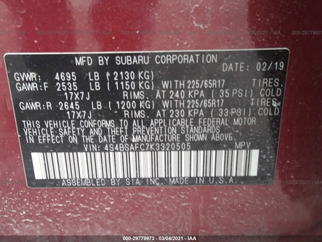 Photo 8 VIN: 4S4BSAFC7K3320505 - SUBARU OUTBACK 