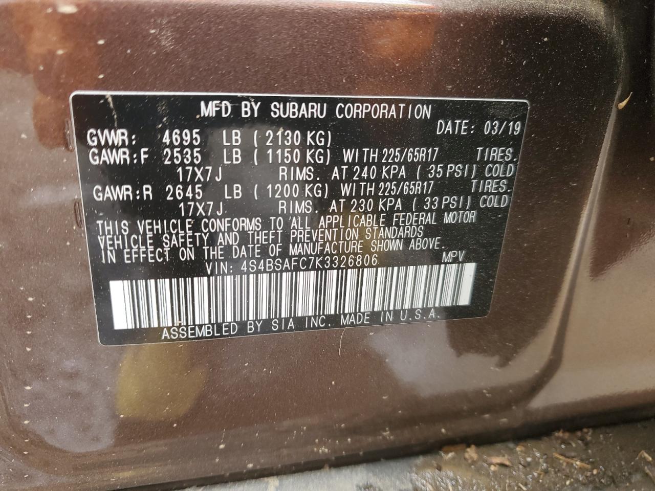 Photo 12 VIN: 4S4BSAFC7K3326806 - SUBARU OUTBACK 