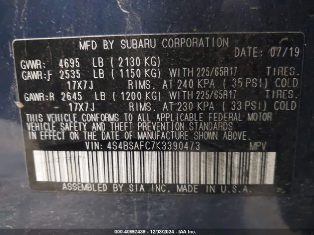 Photo 8 VIN: 4S4BSAFC7K3390473 - SUBARU OUTBACK 