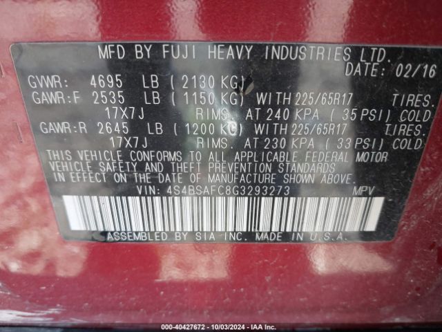 Photo 8 VIN: 4S4BSAFC8G3293273 - SUBARU OUTBACK 