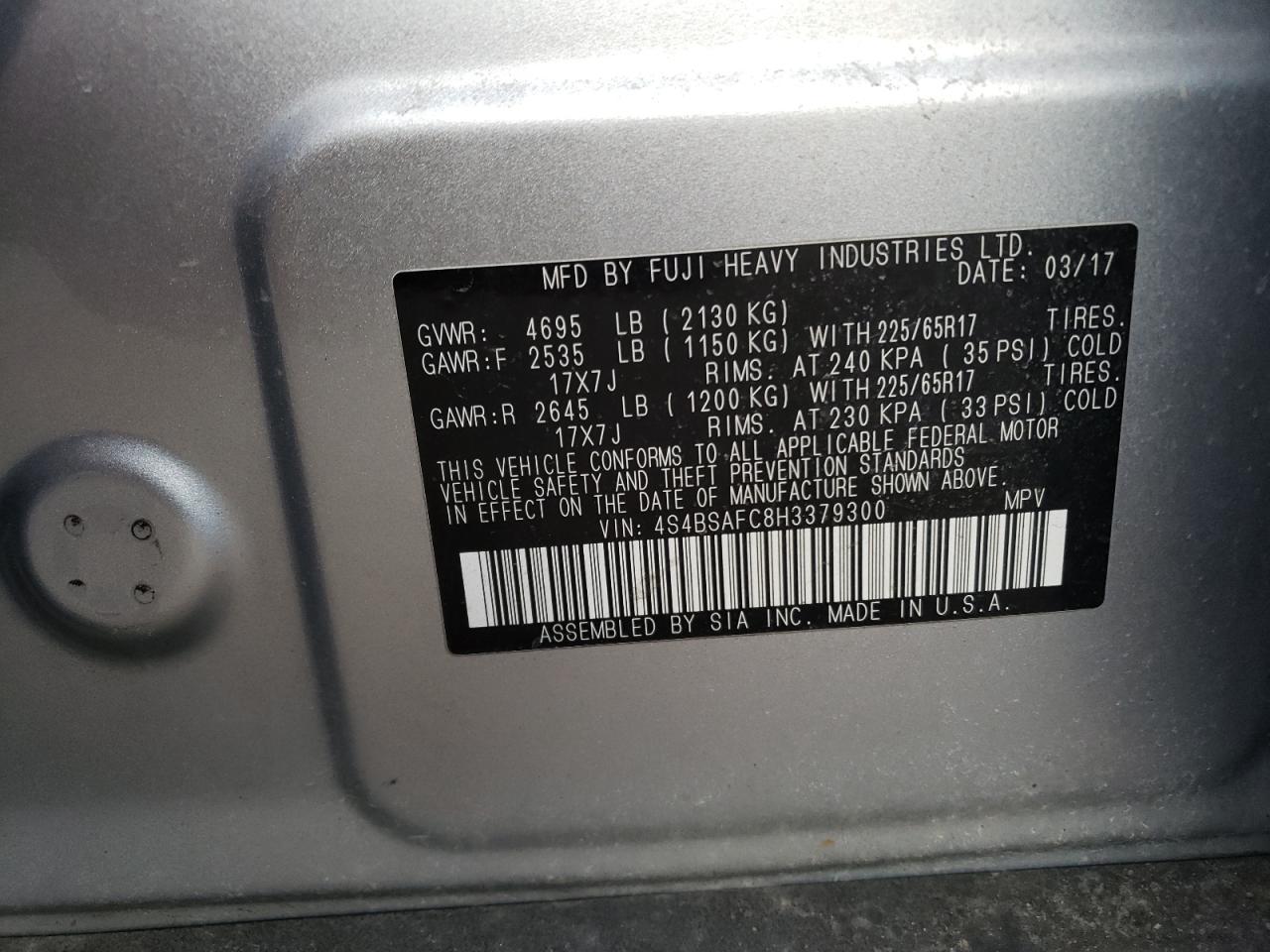 Photo 11 VIN: 4S4BSAFC8H3379300 - SUBARU OUTBACK 