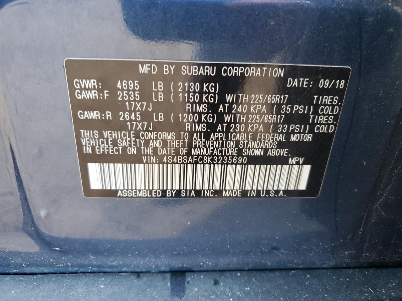 Photo 11 VIN: 4S4BSAFC8K3235690 - SUBARU OUTBACK 