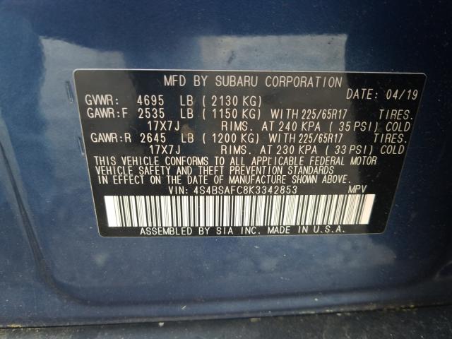 Photo 9 VIN: 4S4BSAFC8K3342853 - SUBARU OUTBACK 2. 