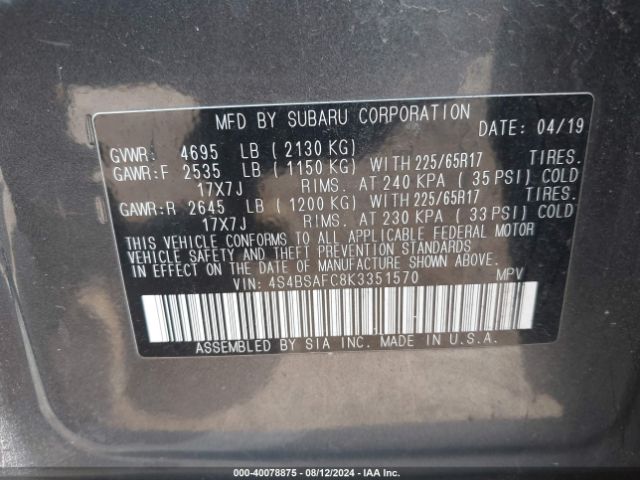 Photo 8 VIN: 4S4BSAFC8K3351570 - SUBARU OUTBACK 