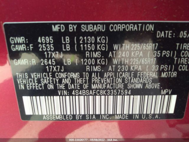 Photo 8 VIN: 4S4BSAFC8K3357594 - SUBARU OUTBACK 