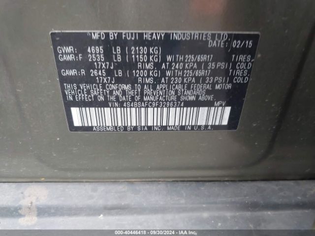 Photo 8 VIN: 4S4BSAFC9F3296374 - SUBARU OUTBACK 