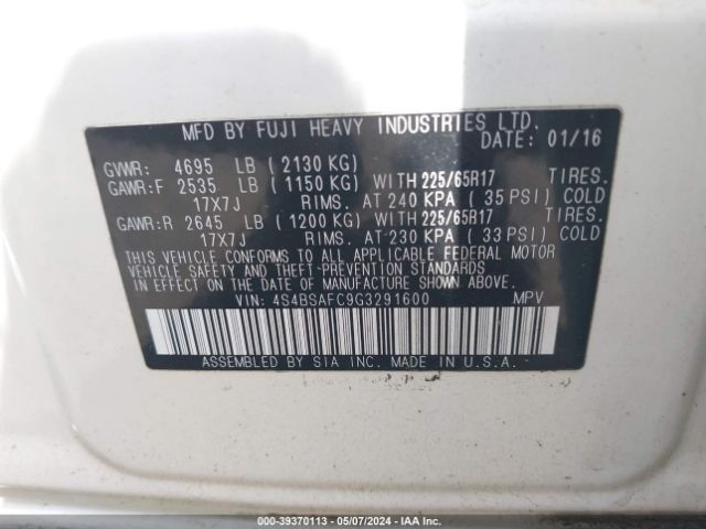 Photo 8 VIN: 4S4BSAFC9G3291600 - SUBARU OUTBACK 