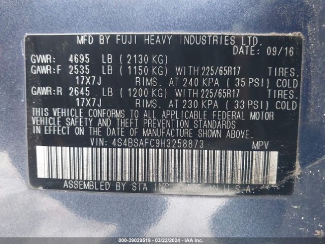 Photo 8 VIN: 4S4BSAFC9H3258873 - SUBARU OUTBACK 