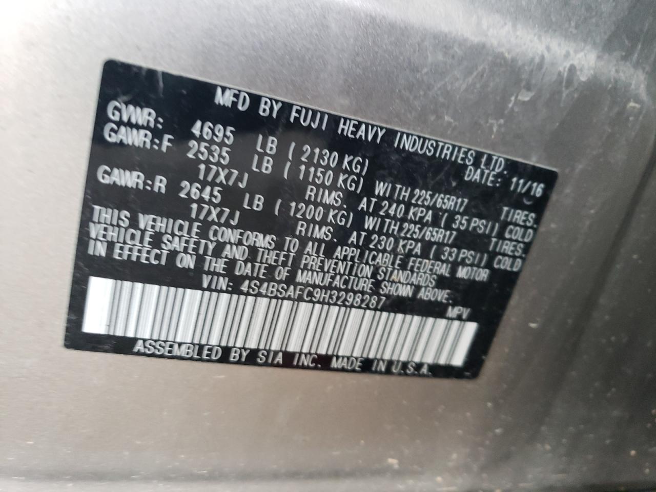 Photo 11 VIN: 4S4BSAFC9H3298287 - SUBARU OUTBACK 