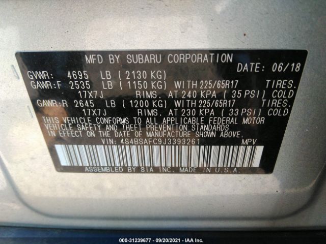 Photo 8 VIN: 4S4BSAFC9J3393261 - SUBARU OUTBACK 