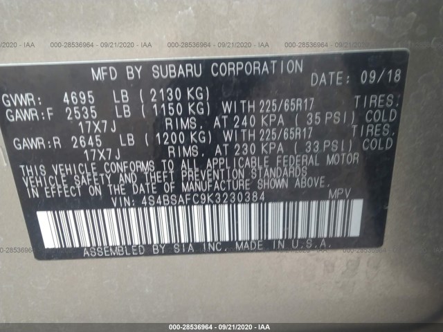 Photo 8 VIN: 4S4BSAFC9K3230384 - SUBARU OUTBACK 