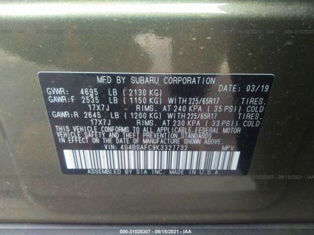 Photo 8 VIN: 4S4BSAFC9K3327732 - SUBARU OUTBACK 