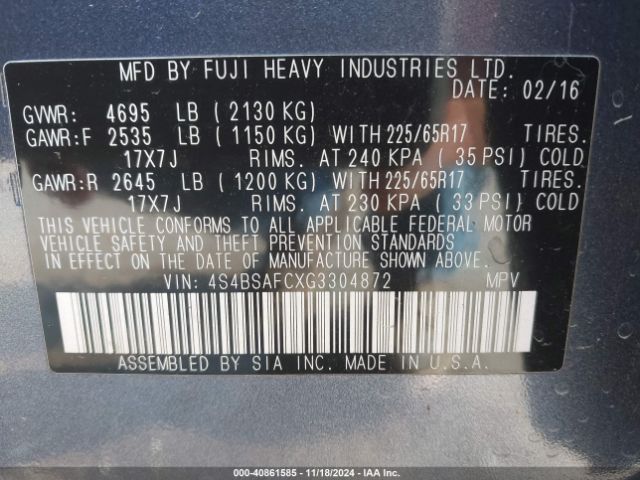 Photo 8 VIN: 4S4BSAFCXG3304872 - SUBARU OUTBACK 