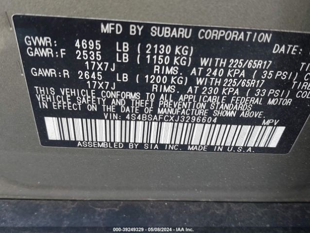 Photo 8 VIN: 4S4BSAFCXJ3296604 - SUBARU OUTBACK 