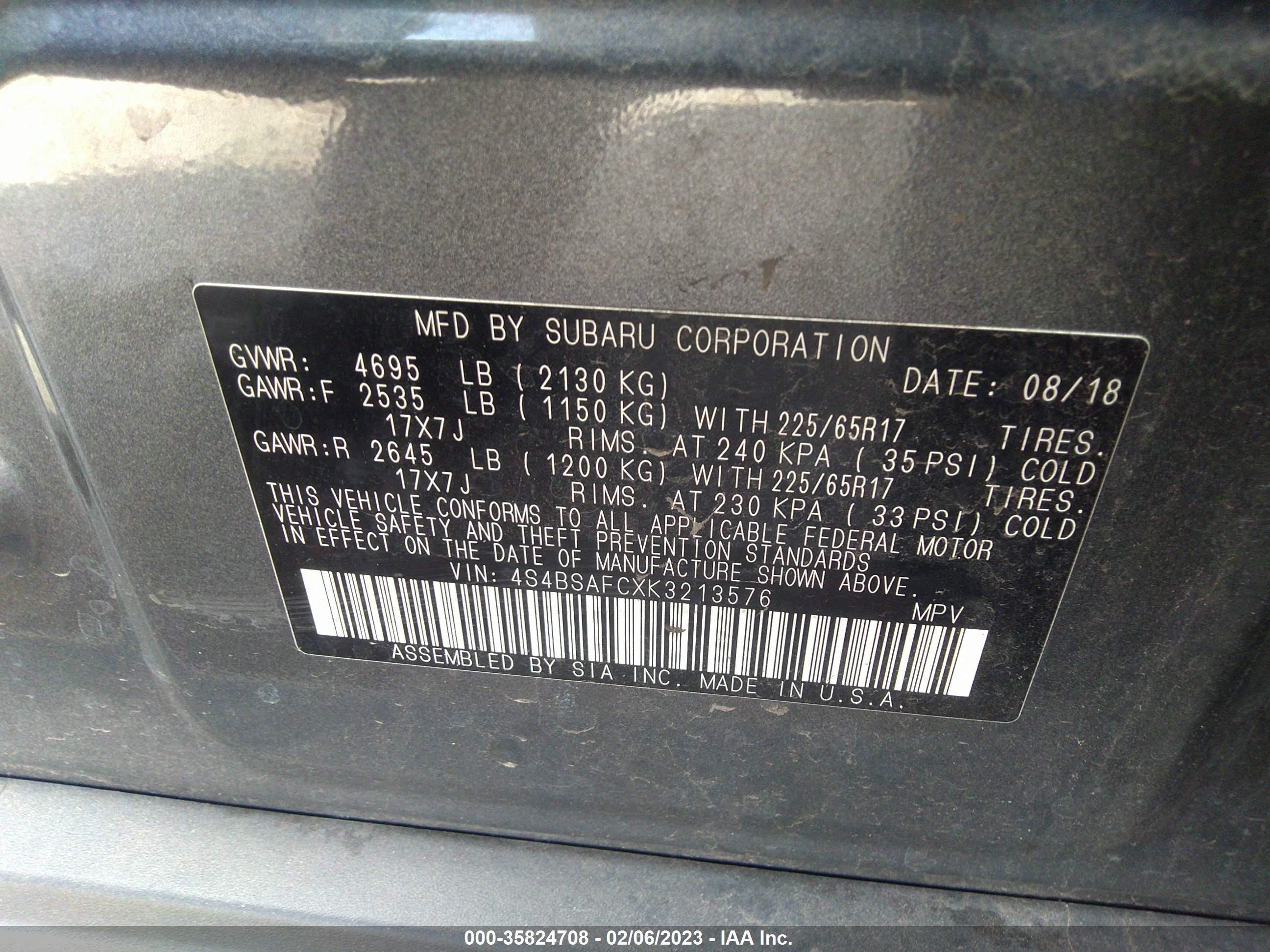 Photo 8 VIN: 4S4BSAFCXK3213576 - SUBARU OUTBACK 