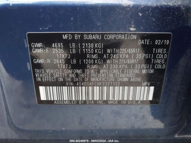 Photo 8 VIN: 4S4BSAFCXK3321132 - SUBARU OUTBACK 