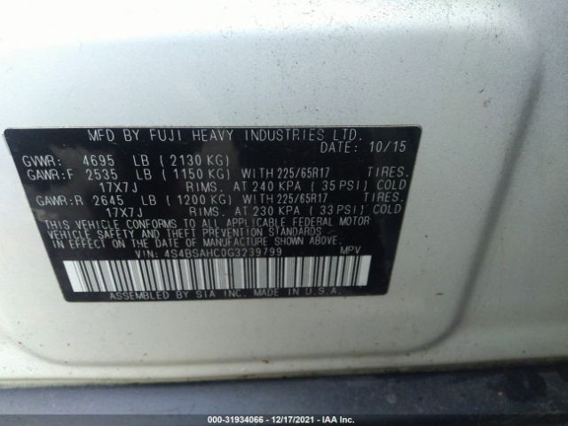 Photo 8 VIN: 4S4BSAHC0G3239799 - SUBARU OUTBACK 