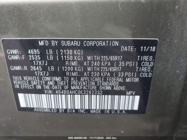 Photo 8 VIN: 4S4BSAHC0K3262332 - SUBARU OUTBACK 