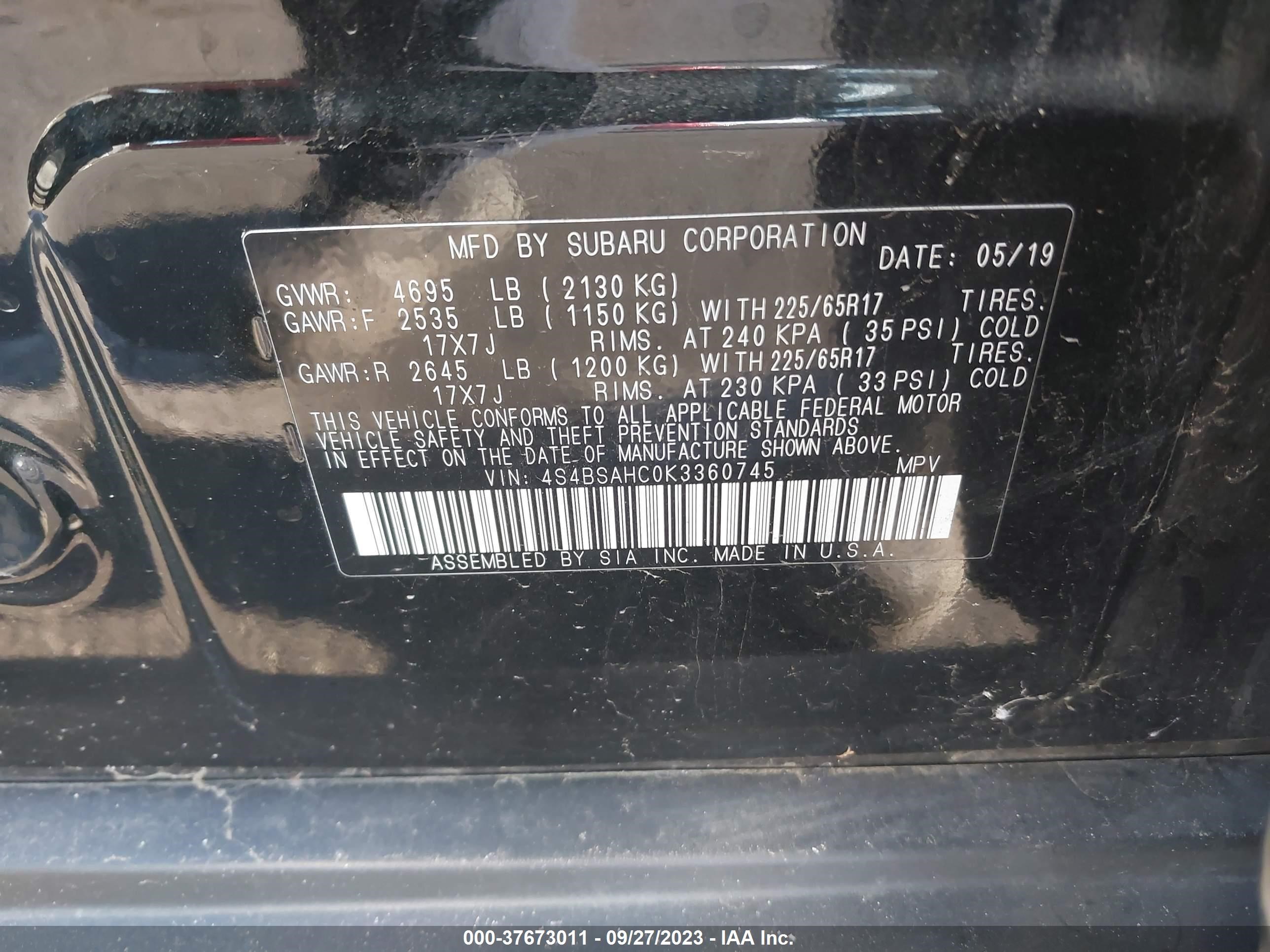 Photo 8 VIN: 4S4BSAHC0K3360745 - SUBARU OUTBACK 