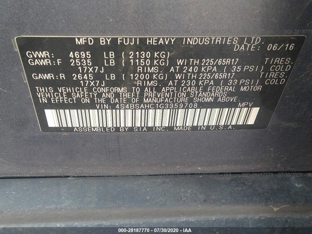 Photo 8 VIN: 4S4BSAHC1G3359708 - SUBARU OUTBACK 