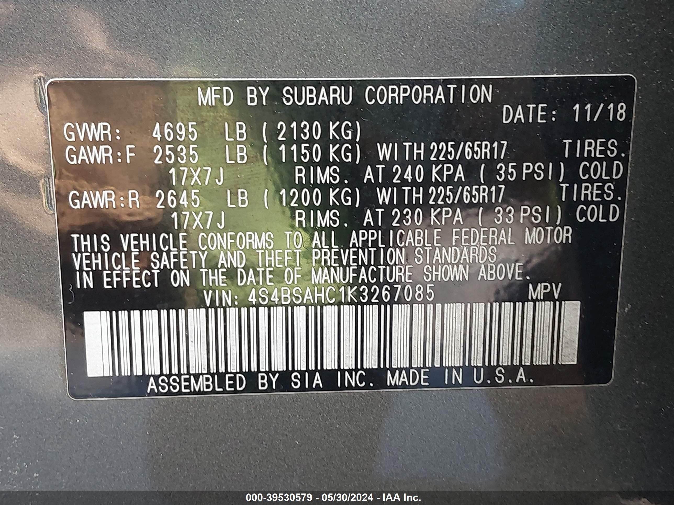 Photo 8 VIN: 4S4BSAHC1K3267085 - SUBARU OUTBACK 